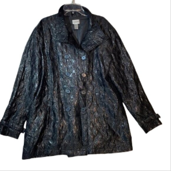 Chico's Women's Black Shiny Metallic Jacket ******Missing Belt size 2 L Large - Picture 1 of 7